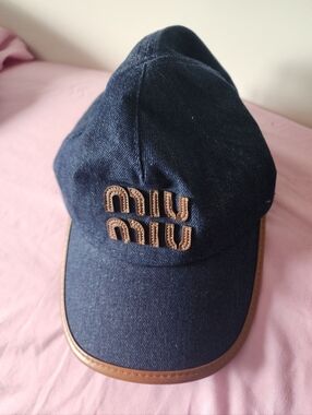 Navy Denim Cap with Tan Trim and Gold Buckle, One Size Fits All